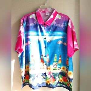 Women's La Leela Novelty Print Hawaiian Shirt Flamingos Beer Water XL Chest 44"